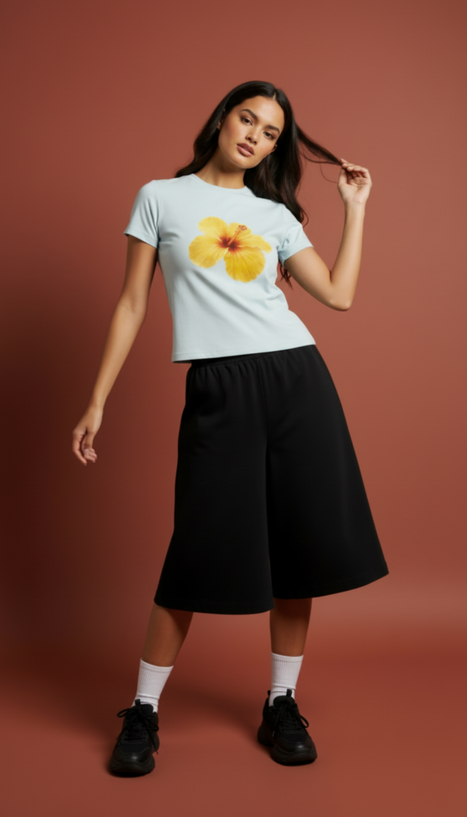 Pink Flower Essential Slim Fit Mock Neck T-Shirt