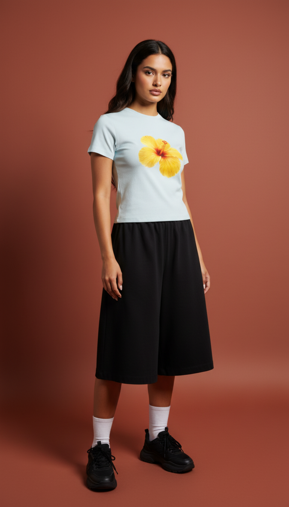 Pink Flower Essential Slim Fit Mock Neck T-Shirt