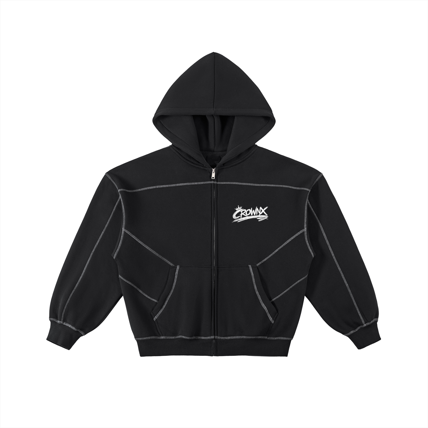 CrownX Contrast-Stitched Boxy Fleece Zip Hoodie