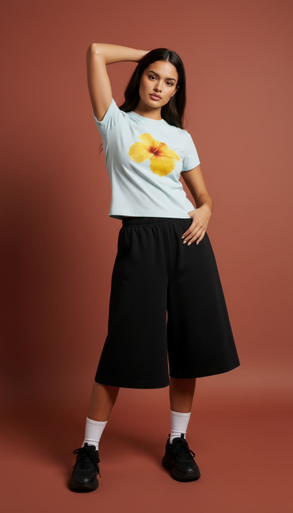 Pink Flower Essential Slim Fit Mock Neck T-Shirt