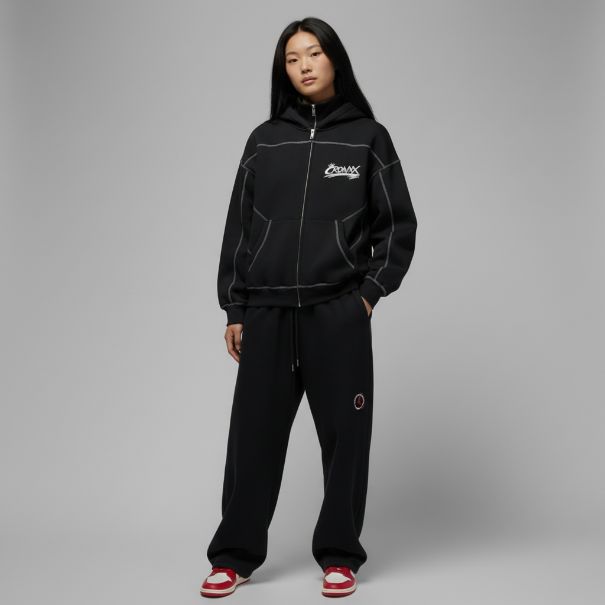 CrownX Contrast-Stitched Boxy Fleece Zip Hoodie
