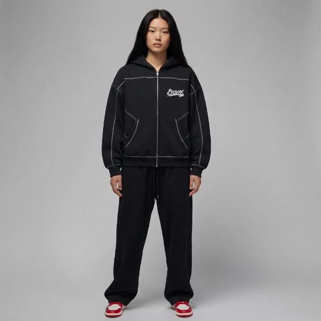 CrownX Contrast-Stitched Boxy Fleece Zip Hoodie